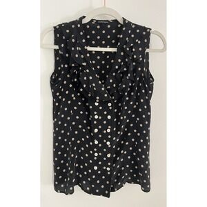 Nanette Lepore Silk Black & Beige Polka Dot Ruffle Top Button Up Sz 4 / Small